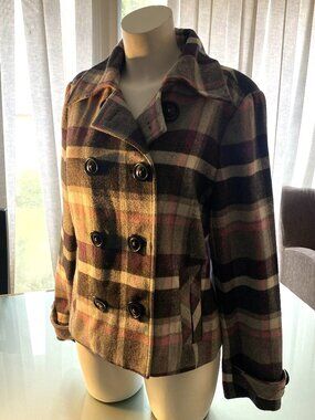 CAbi Wool Blend Double Breasted Short Pea Coat Size 12 Grey Pink & Purple Plaid
